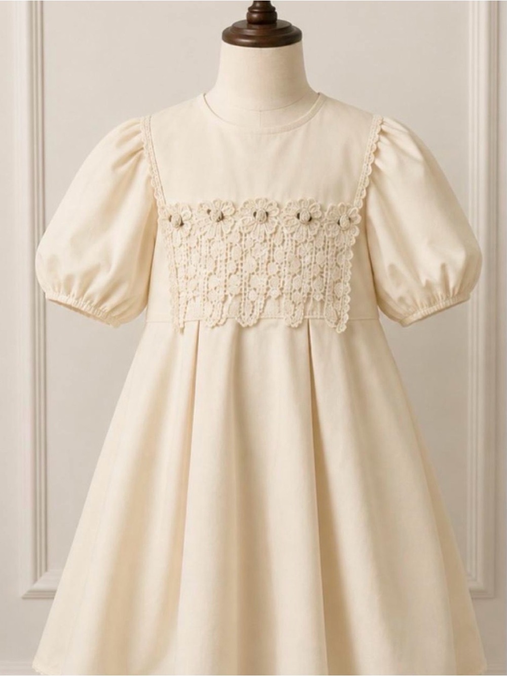 debut Cream Crochet Bodice Puff Sleeve Dress